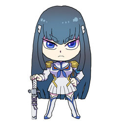  blue_eyes boots chibi commentary_request epaulettes female hand_on_hilt junketsu kill_la_kill kiryuuin_satsuki long_hair solo sword uri_(uryu002) weapon 