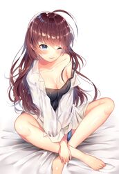  ;) ahoge barefoot black_tank_top blue_eyes blush breasts brown_hair cleavage collarbone commentary_request dress_shirt female highres ichinose_shiki idolmaster idolmaster_cinderella_girls long_hair long_sleeves medium_breasts ntk_(7t5) off_shoulder one_eye_closed parted_lips shirt short_shorts shorts simple_background sitting smile solo tank_top wavy_hair white_background white_shirt 