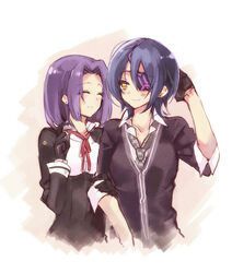  2girls aki_(o2x_x2o) arm_hug bad_id bad_pixiv_id blue_hair checkered_necktie closed_eyes eyepatch gloves kantai_collection multiple_girls necktie purple_hair short_hair smile tatsuta_(kancolle) tenryuu_(kancolle) unworn_headwear yellow_eyes 