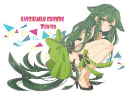  bare_shoulders bikini black_bikini bow female frilled_bikini frills gatchaman gatchaman_crowds green_eyes green_hair high_heels large_bow leg_garter long_hair simple_background solo swimsuit utsutsu very_long_hair 