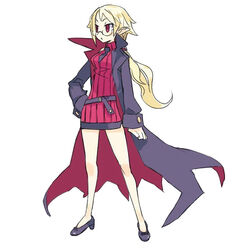  blonde_hair coat disgaea female glasses long_hair low_ponytail makai_senki_disgaea_4 necktie nippon_ichi official_art professor_(disgaea) red_eyes simple_background solo white_background 