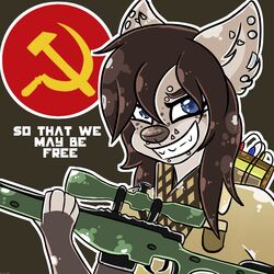  1:1 2015 allie alternative_fashion anthro bomb brown_hair chinscruff communism domestic_cat english_text explosives felid feline felis gun hair hammer_and_sickle hi_res hybrid hyena mammal piercing politics punk ranged_weapon rifle scarf simple_background sniper sniper_rifle solo spotted_hyena terrorism text watermark weapon 