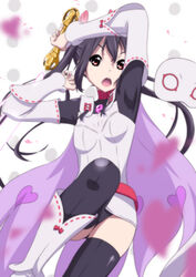  :o armpits arms_up belt belt_skirt black_hair black_thighhighs blurry blush boots bow breasts cape choker commentary_request cosplay depth_of_field detached_sleeves dress energy_sword female fighting_stance flower hair_ornament heart heart_print k-on! knee_boots leg_lift leotard look-alike looking_at_viewer magatama mask microdress nakano_azusa oku_no_shi open_mouth polka_dot polka_dot_background red_eyes red_flower red_rose ribbon ribbon-trimmed_sleeves ribbon_trim rose sekai_seifuku:_bouryaku_no_zvezda small_breasts solo sword thighhighs twintails unworn_mask v-shaped_eyebrows weapon white_background white_robin white_robin_(cosplay) 