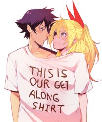  1boy bad_deviantart_id bad_id bayneezone blonde_hair blue_eyes blush clothes_pull clothes_writing colored_skin commentary couple english_commentary english_text eye_contact female hair_ribbon half-closed_eyes highres ichijou_raku kirisaki_chitoge long_hair looking_at_another meme naked_shirt nisekoi ponytail purple_eyes purple_hair red_ribbon ribbon shared_clothes shared_shirt shirt shirt_pull simple_background straight t-shirt white_background white_shirt white_skin 