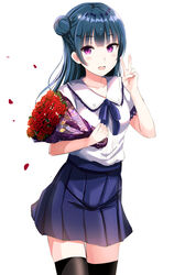  blue_hair blush bouquet commentary_request female flower hair_bun highres long_hair looking_at_viewer love_live! love_live!_sunshine!! morerin open_mouth photoshop_(medium) purple_eyes school_uniform serafuku single_hair_bun skirt smile solo thighhighs tsushima_yoshiko v zettai_ryouiki 