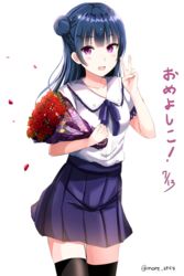  blue_hair blush bouquet commentary_request female flower hair_bun highres long_hair looking_at_viewer love_live! love_live!_sunshine!! morerin open_mouth purple_eyes school_uniform serafuku single_hair_bun skirt smile solo thighhighs translated tsushima_yoshiko v zettai_ryouiki 