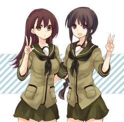  2girls aki_(o2x_x2o) bad_id bad_pixiv_id black_hair braid brown_eyes brown_hair kantai_collection kitakami_(kancolle) long_hair looking_at_viewer multiple_girls ooi_(kancolle) open_mouth purple_eyes v 