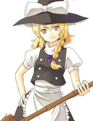  apron bamboo_broom black_hat black_skirt black_vest blonde_hair bow braid broom closed_mouth commentary_request female frilled_apron frilled_bow frills fujiymn hair_between_eyes hair_ribbon hat hat_bow holding holding_broom kirisame_marisa medium_hair puffy_short_sleeves puffy_sleeves purple_ribbon ribbon shirt short_sleeves side_braid simple_background single_braid skirt smile solo touhou vest waist_apron white_apron white_background white_bow white_shirt witch_hat yellow_eyes 