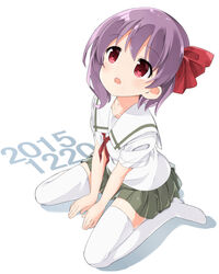  collarbone commentary_request dated eyebrows female full_body green_skirt hair_ribbon highres looking_up neckerchief no_shoes numenume_(powa-ogutyogutyo) open_mouth pleated_skirt purple_hair red_eyes red_ribbon ribbon saki_(manga) school_uniform serafuku short_hair simple_background sitting skirt solo thighhighs wariza white_background white_thighhighs yumeno_maho 