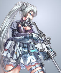  angry blue_eyes cleavage_cutout clothing_cutout commentary_request female finger_on_trigger gloves gun highres kriss_vector long_hair long_sleeves looking_at_viewer ponytail pouch rosa_katze rwby skindentation skirt solo submachine_gun thick_thighs thighs weapon weiss_schnee white_hair 