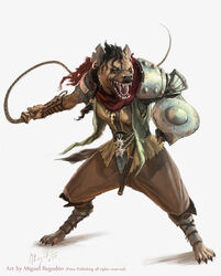  4_toes anthro armor bard bottomwear chainmail clothed clothing digitigrade ear_piercing english_text fangs feet female gnoll gristlefang hyena mammal miguel_regodon official_art open_mouth pants pathfinder piercing pirate shield shoulder_pads signature simple_background solo spotted_hyena teeth text toes tongue whip white_background 