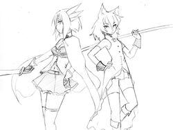  2girls animal_ears camel_(dansen) female gloves milia milia_wars monochrome multiple_girls original polearm sachiho skirt sword tail weapon wolf_ears wolf_tail 