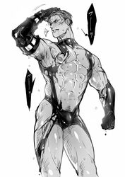  1boy bara blood bodysuit bulge clenched_hand clenched_teeth commentary_request contrapposto cowboy_shot dark-skinned_male dark_skin ez_do_dance greyscale hand_on_own_head highres king_of_prism king_of_prism_by_prettyrhythm looking_at_viewer male_focus monochrome muscular muscular_male nipples pectorals pretty_rhythm pretty_series revealing_clothes simple_background solo standing sweat teeth torawar torn_bodysuit torn_clothes white_background yamato_alexander 