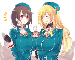  &gt;_&lt; 3girls aki_(o2x_x2o) atago_(kancolle) bad_id bad_pixiv_id between_breasts black_hair blonde_hair blush breasts brown_hair chibi closed_eyes gloves hat heart huge_breasts kantai_collection long_hair multiple_girls open_mouth red_eyes ryuujou_(kancolle) sweatdrop takao_(kancolle) twintails visor_cap 