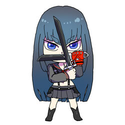  blade blue_eyes chibi commentary_request dual_wielding female gloves holding kill_la_kill kiryuuin_satsuki navel senketsu single_glove skirt solo spoilers suspenders uri_(uryu002) 