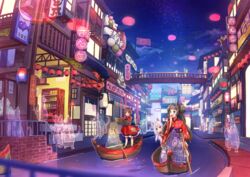  3girls :d animal_ears architecture black_hair boat bridge cat_ears cat_tail cherim commentary dress east_asian_architecture eating feline gondola highres holding holding_oar japanese_clothes kimono lantern map multiple_girls night night_sky oar oerba_yun_fang open_mouth original paper_lantern pleated_skirt purple_skirt red_dress red_kimono river skirt sky smile spirit standing star_(sky) starry_sky symbol-only_commentary tail town transparent twintails watercraft white_hair 