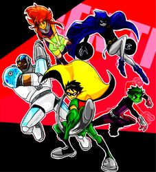  2girls 3boys arm_cannon bald beast_boy black_hair bodysuit boots cape cloak cyborg cyborg_(dc) dark_skin dc_comics dick_grayson flying garfield_logan gloves green_eyes green_hair green_skin grey_skin hood magic multiple_boys multiple_girls orange_hair orange_skin robin_(dc) running simple_background skirt staff teen_titans victor_stone weapon 