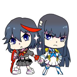  2girls black_hair blue_eyes boots chibi commentary_request epaulettes gloves high_heels junketsu kill_la_kill kiryuuin_satsuki long_hair matoi_ryuuko multicolored_hair multiple_girls scissor_blade_(kill_la_kill) senketsu shoes single_glove skirt sneakers sparkle suspenders two-tone_hair uniform uri_(uryu002) 