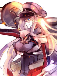  aki_(o2x_x2o) armpits bad_id bad_pixiv_id bismarck_(kancolle) blonde_hair blue_eyes breasts elbow_gloves female gloves grin hat kantai_collection large_breasts long_hair machinery smile solo turret 