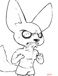  2016 angry anthro bodily_fluids bottomwear canid canine clothed clothing digital_media_(artwork) disney drooling fennec_fox finnick_(zootopia) fox fur gud male mammal monochrome saliva shorts simple_background solo teeth topless true_fox white_background wide_eyed zootopia 