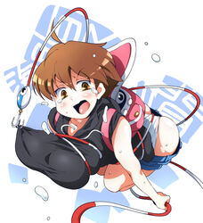  ahoge ass backpack bag black_hoodie blue_shorts blush bound breasts brown_eyes brown_hair clothes_pull commentary_request female fishing_hook fishing_line hair_between_eyes hood hood_down hoodie large_breasts open_mouth panties short_hair shorts shorts_pull solo sugiura tied_up_(nonsexual) umihara_kawase umihara_kawase_(character) underwear v-shaped_eyebrows very_short_hair white_panties 