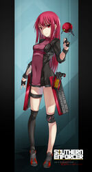  asymmetrical_legwear commentary english_commentary female fingerless_gloves gloves gun half_gloves highres indy_k knee_pads long_hair mismatched_legwear original over-kneehighs red_eyes red_hair single_over-kneehigh single_thighhigh smile solo standing thigh_strap thighhighs weapon 