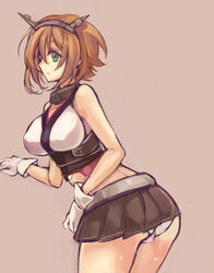  aki_(o2x_x2o) bad_id bad_pixiv_id brown_hair female gloves green_eyes hairband kantai_collection midriff mutsu_(kancolle) open_mouth panties pantyshot short_hair solo underwear 