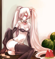  abyssal_ship aki_(o2x_x2o) ass bad_id bad_pixiv_id bare_shoulders breasts choker cleavage elbow_gloves female food fruit gloves hair_over_one_eye heart heart-shaped_lock heart_lock_(kantai_collection) jewelry kantai_collection lock long_hair navel necklace pale_skin red_eyes sitting solo southern_ocean_oni star_(symbol) thighhighs twintails very_long_hair watermelon white_hair yokozuwari 