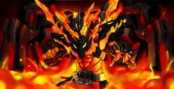  1boy absurdres armor belt chinese_commentary clenched_hand commentary_request cowboy_shot fire helm helmet highres kamen_rider kamen_rider_build_(series) kamen_rider_cross-z magma_knuckle male_focus photoshop_(medium) red_theme solo standing tokusatsu xiniu_r&amp;f_(lande_hua_hua) 