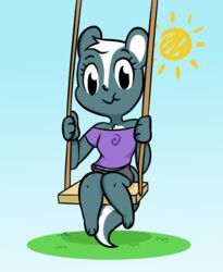  anthro biped blue_sky clothed clothing evie_(krackdown9) female fully_clothed krackdown9 looking_at_viewer mammal mephitid outside sitting skunk sky smile solo sun swing toony 