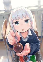  :o aharen-san_wa_hakarenai aharen_reina bento blue_eyes blurry cardigan chair chopsticks classroom commentary_request day depth_of_field desk feeding female food from_above highres holding holding_chopsticks holding_food incoming_food indoors jitome long_hair long_sleeves looking_at_viewer meatball mizu_asato official_art open_mouth outstretched_arm pov school_uniform sitting solo white_hair wing_collar 