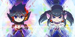  2girls black_hair blue_eyes breasts chibi cleavage commentary_request highres junketsu kill_la_kill kiryuuin_satsuki large_breasts lens_flare matoi_ryuuko multicolored_hair multiple_girls navel senketsu sparkle transformation two-tone_hair uri_(uryu002) 