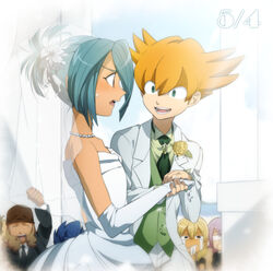  6+boys ascot bad_id bad_pixiv_id bandana blonde_hair blue_hair blush bridal_veil brown_eyes brown_hair closed_eyes commentary_request couple crossdressing crying dated dress elbow_gloves flower fudou_akio glasses gloves green_eyes hair_flower hair_ornament hair_over_one_eye holding_hands husband_and_husband inazuma_eleven inazuma_eleven_(series) inazuma_eleven_go inazuma_eleven_go_galaxy jealous jewelry kazemaru_ichirouta kusaka_ryuuji long_hair male_focus manabe_jin&#039;ichirou minaho_kazuto miyasaka_ryou mohawk multiple_boys necklace nishigaki_yuka open_mouth orange_hair otoko_no_ko out_of_frame petagon ponytail purple_hair smile sweatdrop tears time_paradox tsurugi_kyousuke tuxedo veil voice_actor_connection wedding wedding_dress white_gloves yaoi yonaga_tsubasa 