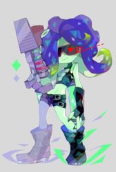  amakusa_(hidorozoa) belt black_gloves blaster_(splatoon) blue_hair boots breasts closed_mouth colored_skin female fingerless_gloves full_body gloves goggles green_skin grey_background gun highres holding holding_gun holding_weapon looking_at_viewer paint_gun sanitized_(splatoon) simple_background small_breasts smile solo splatoon_(series) splatoon_2 suction_cups takozonesu tentacle_hair weapon 