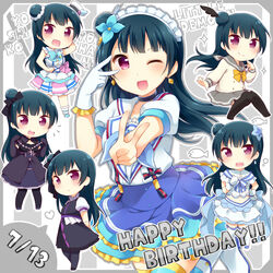  ;d aozora_jumping_heart black_dress blue_hair character_name chibi commentary_request dated dress earrings elbow_gloves feather_hair_ornament feathers female gloves gothic_lolita hair_bun hair_ornament happy_birthday hat hazuki_(sutasuta) heart jewelry kimi_no_kokoro_wa_kagayaiteru_kai? koi_ni_naritai_aquarium lolita_fashion long_hair looking_at_viewer love_live! love_live!_sunshine!! mini_hat mini_top_hat multiple_views one_eye_closed open_mouth purple_eyes school_uniform serafuku single_hair_bun smile strawberry_trapper top_hat tsushima_yoshiko uranohoshi_school_uniform v 