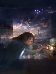  bad_id bad_pixiv_id blanket book book_stack bookmark brown_eyes brown_hair building city cityscape cloud coffee coffee_mug commentary_request cup curly_hair desk dusk eagle_(spacecraft) eyelashes female glasses highres holding hologram indoors lens_flare light_particles long_hair long_sleeves miniature mirrored_text mole mole_under_eye moon mug nasa one_eye_closed original palm_tree paper pencil photoshop_(medium) planet print_mug red-framed_eyewear satellite scenery science_fiction semi-rimless_eyewear signature sitting sky skyscraper smile solo space_shuttle spacecraft star_(symbol) sun tree under-rim_eyewear wavy_hair window window_blinds you_shimizu 