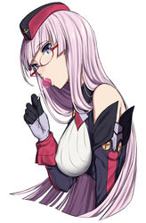  azur_lane bare_shoulders blue_eyes blunt_bangs breasts candy commentary_request elbow_gloves female food from_side garrison_cap glasses gloves gneisenau_(azur_lane) hat highres holding large_breasts lollipop long_hair looking_at_viewer nagioka pink_hair red-framed_eyewear simple_background solo upper_body white_background 