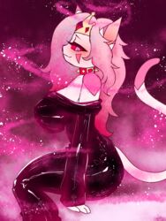  3:4 anthro big_breasts blush breasts clothed clothing collar crown domestic_cat dress felid feline felis female hair headgear hi_res latex mammal pink_body pink_eyes pink_hair red_sclera skullwife smile solo spiked_collar spikes 