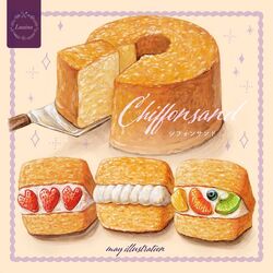  blueberry chiffon_cake cream english_text food food_focus framed fruit kiwi_(fruit) kiwi_slice may_illust5 no_humans orange_(fruit) orange_slice original pineapple pineapple_slice sparkle spatula still_life strawberry 