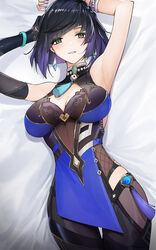  absurdres armpits arms_up asymmetrical_gloves bare_shoulders bed_sheet black_gloves black_hair blunt_bangs breasts cleavage commentary cowboy_shot earrings elbow_gloves female fingerless_gloves genera-x genshin_impact gloves green_eyes grin highres jewelry large_breasts looking_at_viewer lying mismatched_gloves mole mole_on_breast multicolored_hair on_back parted_lips purple_hair short_hair sleeveless smile solo vision_(genshin_impact) white_gloves yelan_(genshin_impact) 