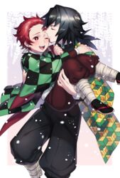  2boys ar_(rikuesuto) black_hair brown_hair checkered_haori closed_eyes closed_mouth demon_slayer_uniform earrings haori holding jacket japanese_clothes jewelry kamado_tanjirou kimetsu_no_yaiba long_hair long_sleeves male_focus multicolored_hair multiple_boys open_mouth pants scar scar_on_face scar_on_forehead smile tomioka_giyuu yaoi 