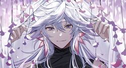  1boy ahoge closed_mouth collarbone commentary earrings fate/apocrypha fate/grand_order fate_(series) flower hair_between_eyes hair_ornament hands_up highres jewelry long_hair long_sleeves looking_at_viewer male_focus merlin_(fate) petals pink_flower purple_eyes smile solo symbol-only_commentary upper_body very_long_hair white_hair yui_(linaw-key08) 