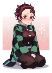  ar_(rikuesuto) between_legs blush breasts brown_hair checkered_clothes checkered_haori closed_mouth commentary_request demon_slayer_uniform earrings female genderswap_(mtf) gradient_background hand_between_legs haori japanese_clothes jewelry kamado_tanjirou kimetsu_no_yaiba long_sleeves looking_down medium_breasts nose_blush pink_background rule_63 scar scar_on_face scar_on_forehead seiza shadow short_hair simple_background sitting sweatdrop v_arms venus_symbol 