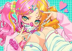  absurdres bandaid blonde_hair blue_eyes bow bowtie cardigan chama_kou collared_shirt double_v female gyaru hair_ornament hair_scrunchie hairclip heart heart_hair_ornament highres knees_up kogal loose_socks makeup mask medium_hair multicolored_eyes nail_polish original pink_hair respirator school_uniform scrunchie see-through shirt socks solo star_(symbol) star_hair_ornament twintails upper_body v 