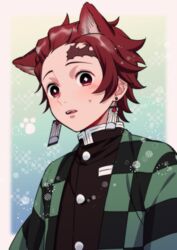  1boy animal_ears ar_(rikuesuto) black_hair brown_hair cat_ears checkered_haori demon_slayer_uniform earrings gradient_background haori jacket japanese_clothes jewelry kamado_tanjirou kimetsu_no_yaiba long_sleeves male_focus open_mouth scar scar_on_face scar_on_forehead short_hair simple_background solo sweatdrop teeth upper_body upper_teeth_only 