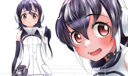  2girls african_penguin_(kemono_friends) akegata_tobari animal_costume black_eyes black_hair gloves highres humboldt_penguin_(kemono_friends) kemono_friends kemono_friends_v_project long_hair looking_at_viewer multicolored_hair multiple_girls open_mouth penguin_costume penguin_tail shirt shoes short_hair simple_background skirt smile tail virtual_youtuber white_background 