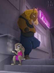  absurd_res alley anthro argument cigarette disney dominant duo equid equine female hi_res horse ilovejudyhopps judy_hopps lagomorph leporid male male/female mammal neon neon_sign pimp rabbit sign sitting stairs standing strip_club stripper zootopia 