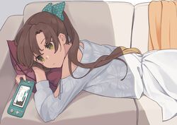  akigumo_(kancolle) brown_hair casual commentary_request couch cowboy_shot dress female green_eyes hair_ribbon handheld_game_console ichiroku_(sakumogu-029) kantai_collection long_hair lying nintendo_switch nintendo_switch_lite off_shoulder on_stomach polka_dot polka_dot_ribbon ponytail ribbon solo white_dress 