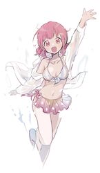  breasts commentary female hair_ornament hairpin highres jacket jewelry long_sleeves momomo_(m0_3) navel necklace ootori_emu open_clothes open_jacket open_mouth pink_eyes project_sekai see-through short_hair slippers solo swimsuit white_background 