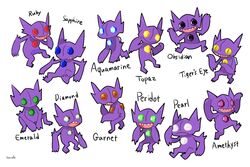  :o alternate_eye_color bad_id bad_tumblr_id commentary english_text frown full_body no_humans pokemon pokemon_(creature) sableye sharp_teeth signature simple_background sitting smile standing sucoshi symbol-only_commentary teeth walking white_background 